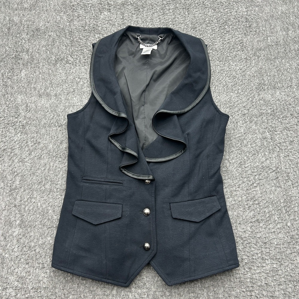 Cache Y2K Black Vest Ruffled Plunge V-Neck Metallic Buttons S Whimsigoth Romance